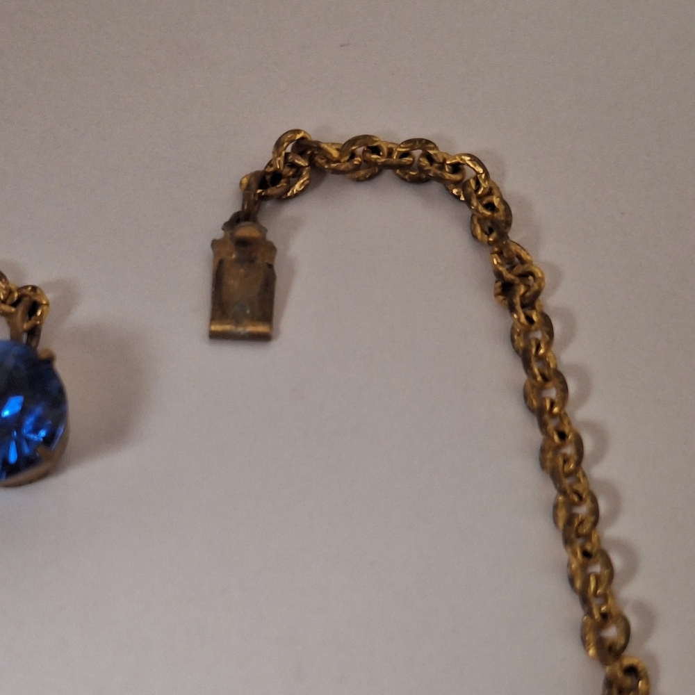 Antique Riviere Art Deco Gold Tone Sapphire Blue Glass Necklace 15" 1920s 1930s - Picture 5 of 16